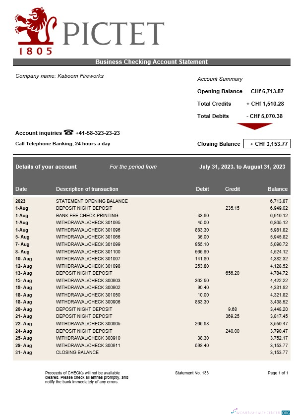 Download Pictet Bank firm account statement Word and PDF template Photoshop template